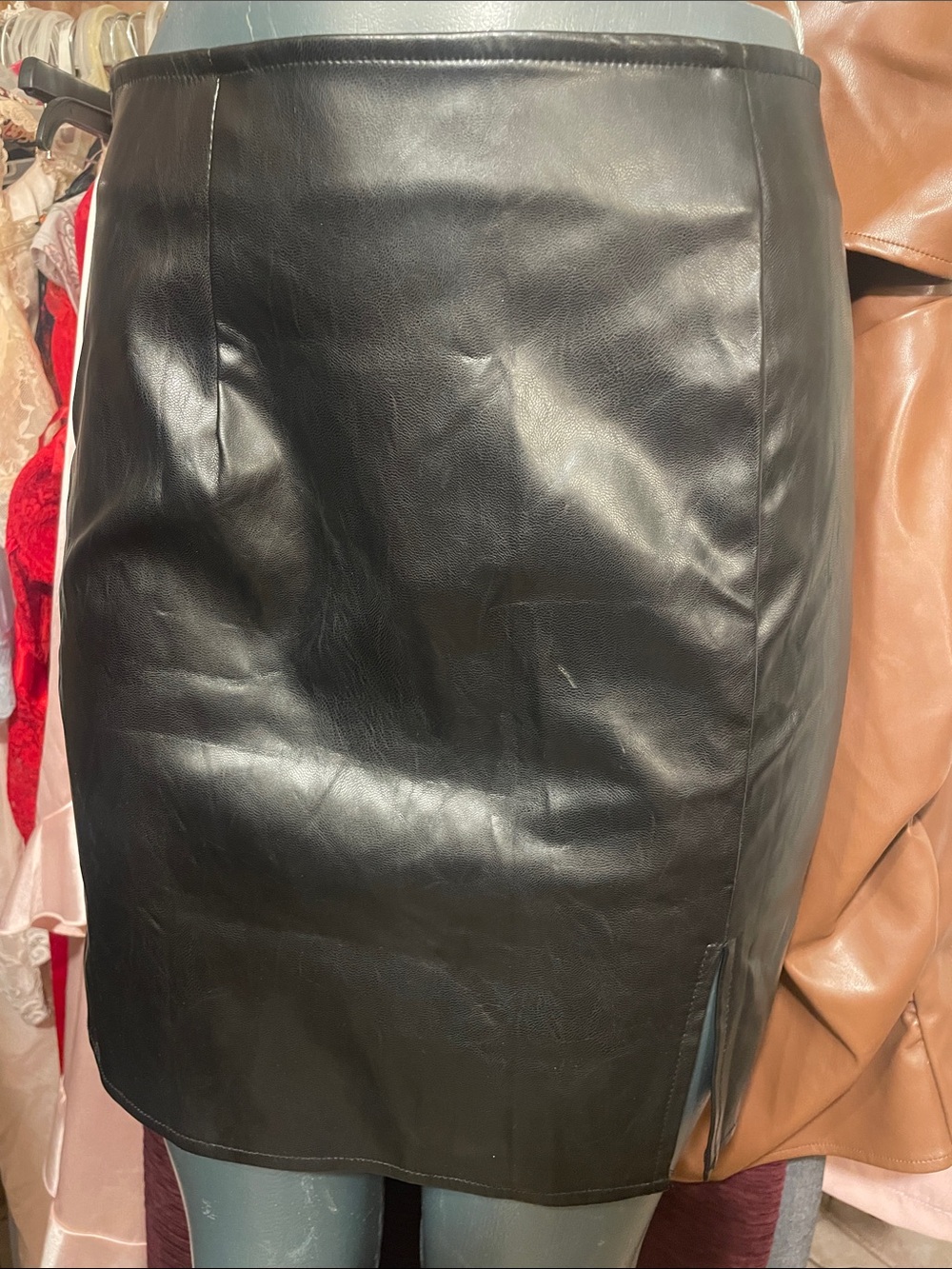 Faux Leather Black Mini Skirt with Side Slit